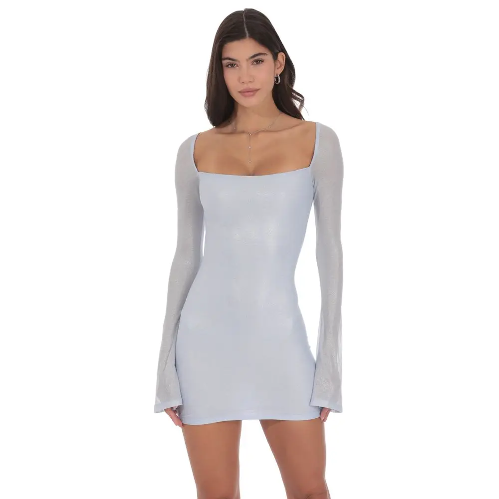 Foil Long Sleeve Bodycon Dress in Baby Blue