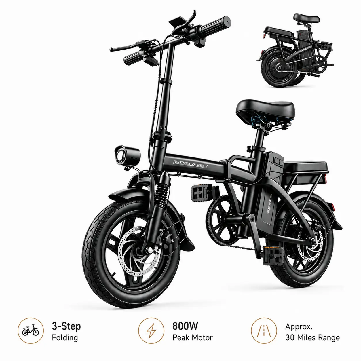 Adult Foldable Ebike - 800W Peak, 48V 15Ah Removable Battery, 19MPH Top Speed, 30 Mi Range, 14-Level Dual Suspension Ebike for Urban Commuting, Compact Portable E-Bike with LED Headlight, Dual Disc Brakes