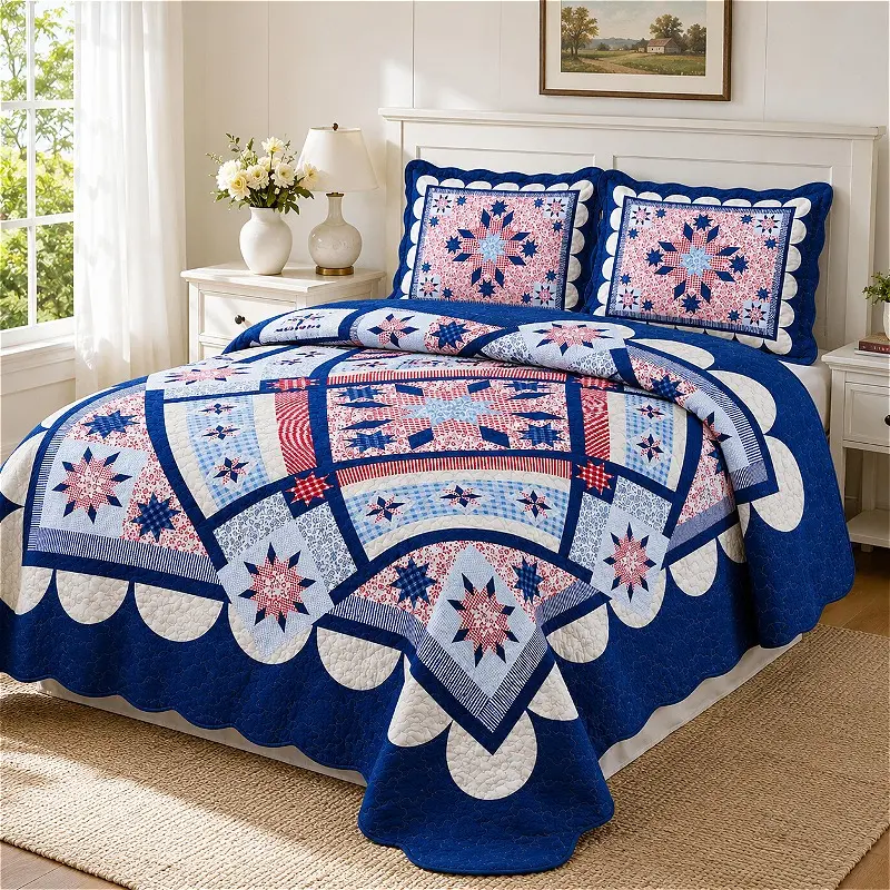 3pcs Queen Size Quilt 86" x 94", Americana Patchwork Star Quilt Bedspread, Vintage Country Cottage Bedding, Eight-Point Star Patchwork Pattern Coverlet, Soft Lightweight All Season Quilt for Bedroom Home Decor