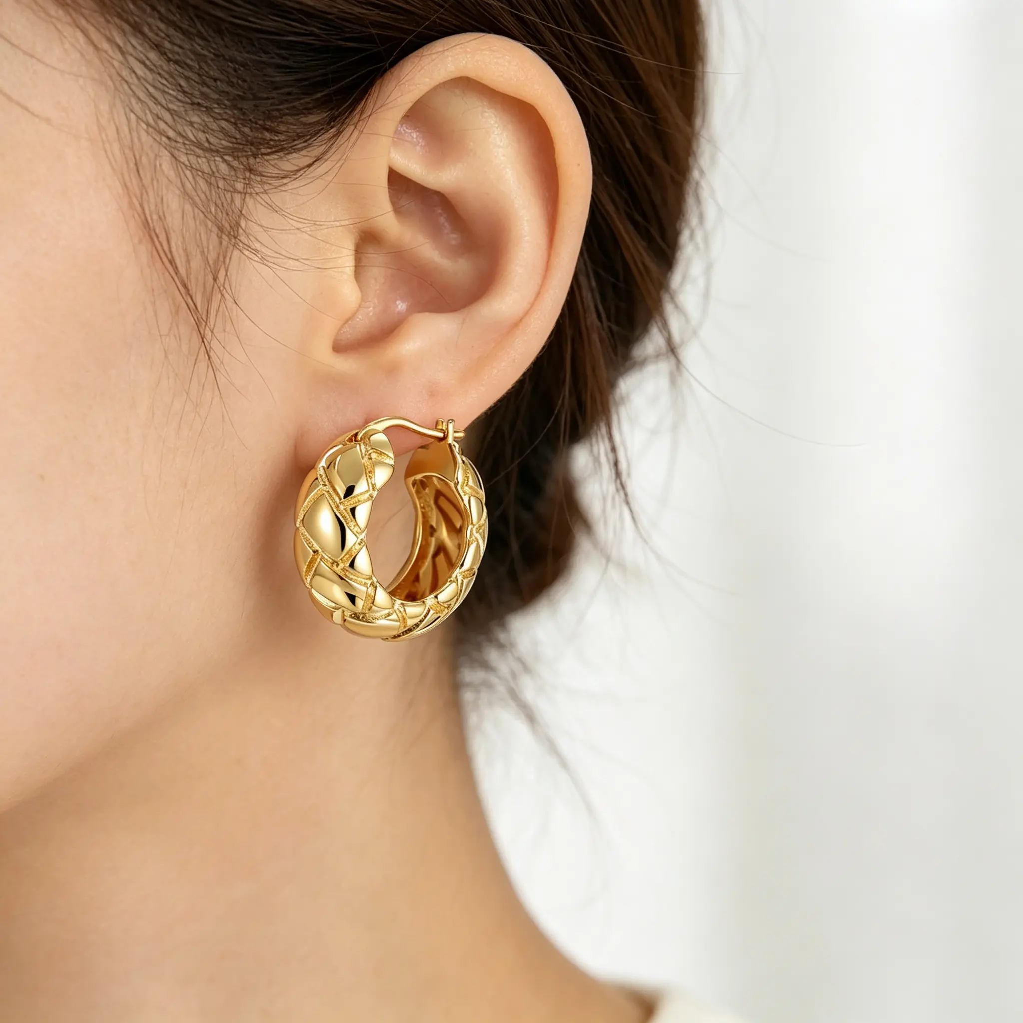 Women's Gold-Tone Quilted Texture Round Huggie Hoop Earrings - Polished Copper Alloy, Click-On Closure, Secure Fit, Everyday Costume Jewelry