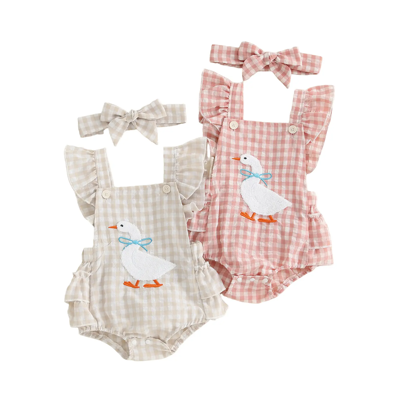 Infant Baby Girl Duck Embroidery Romper Flying Sleeve Tiered Plaid Overalls with Headband Infant Baby Girl Duck Embroidery Romper Flying Sleeve Tiered Plaid Overalls with Headband