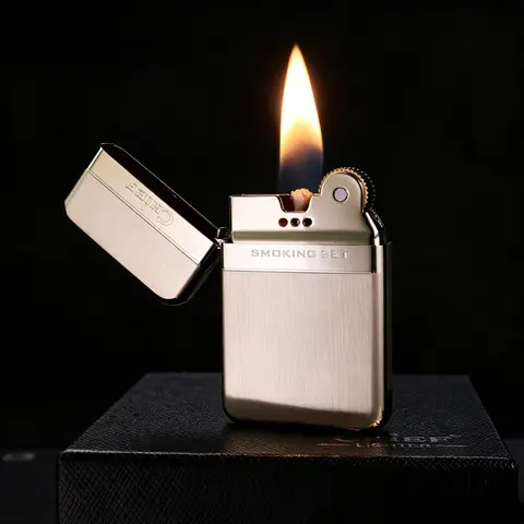 Viral Ultra Thin Vintage Flip Top Oil Lighter - Windproof Lightweight Adult Pocket Flint Oil Burners Flame Lighter, Gold Brushed/Brushed Nickel w/ Luxury Gift Box, Holiday Gift for Boyfriend (Fuel Not Included)