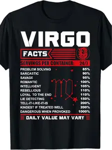 Virgo Zodiac Sign T-Shirt | 100%, Short Sleeve, Crew Neck, Vintage Style, Featuring Fun Birthday Gift Fact Design, Suitable for All Seasons, Men's Women's Casual Wear