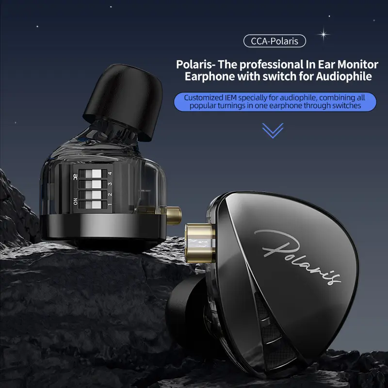 CCA Polaris in Ear Monitor Headphones IEM Earphones Dynamic Dual Driver Wired Earbuds with 4 Tuning Switches HiFi Stereo Earphones with Detachable Cable for Audiophile Musician DJ