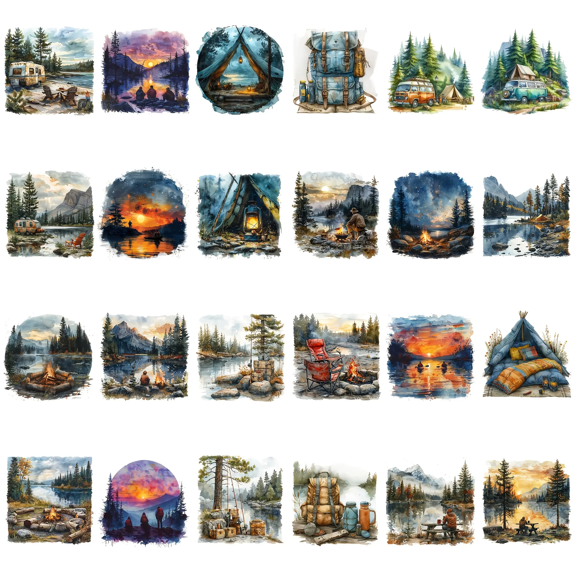 36 Piece Watercolor Camping Iron-On Transfer Stickers, diy craft decor, Unique Camp Scenes, Tent, Mountain, Lake Designs, DTF Vinyl Heat Transfer