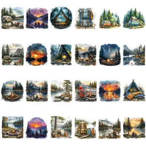 36 Piece Watercolor Camping Iron-On Transfer Stickers, Unique Camp Scenes, Tent, Mountain, Lake Designs, DTF Vinyl Heat Transfer