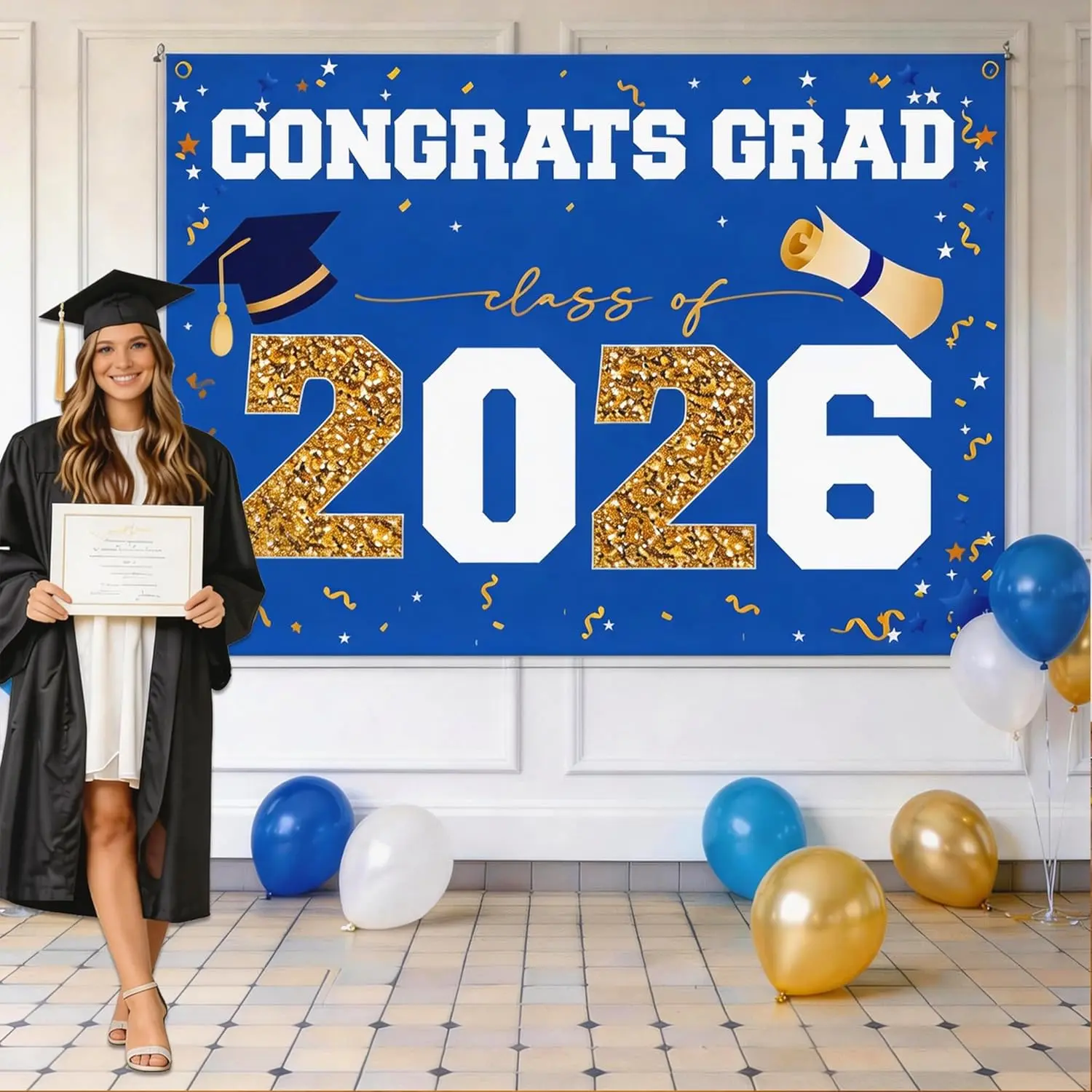 1PC, Shimmer Wall Backdrop, Graduation Theme Backdrop, Blue Gold Graduation Season Photography Background Cloth, made of polyester, suitable for graduation celebrations, photography studio props, wall decorations