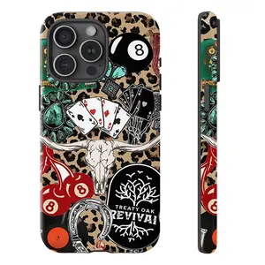 Western Leopard Phone Case , Cherries Skull Horseshoe Vinyl Treaty Oak Revival With Country Rock Vibes Shockproof Rugged Cover Dual Layer Soft TPU Bumper Hard Shell Design for iPhone 11 12 13 14 15 16 17 Pro Max Plus Air, Heavy-Duty Protection