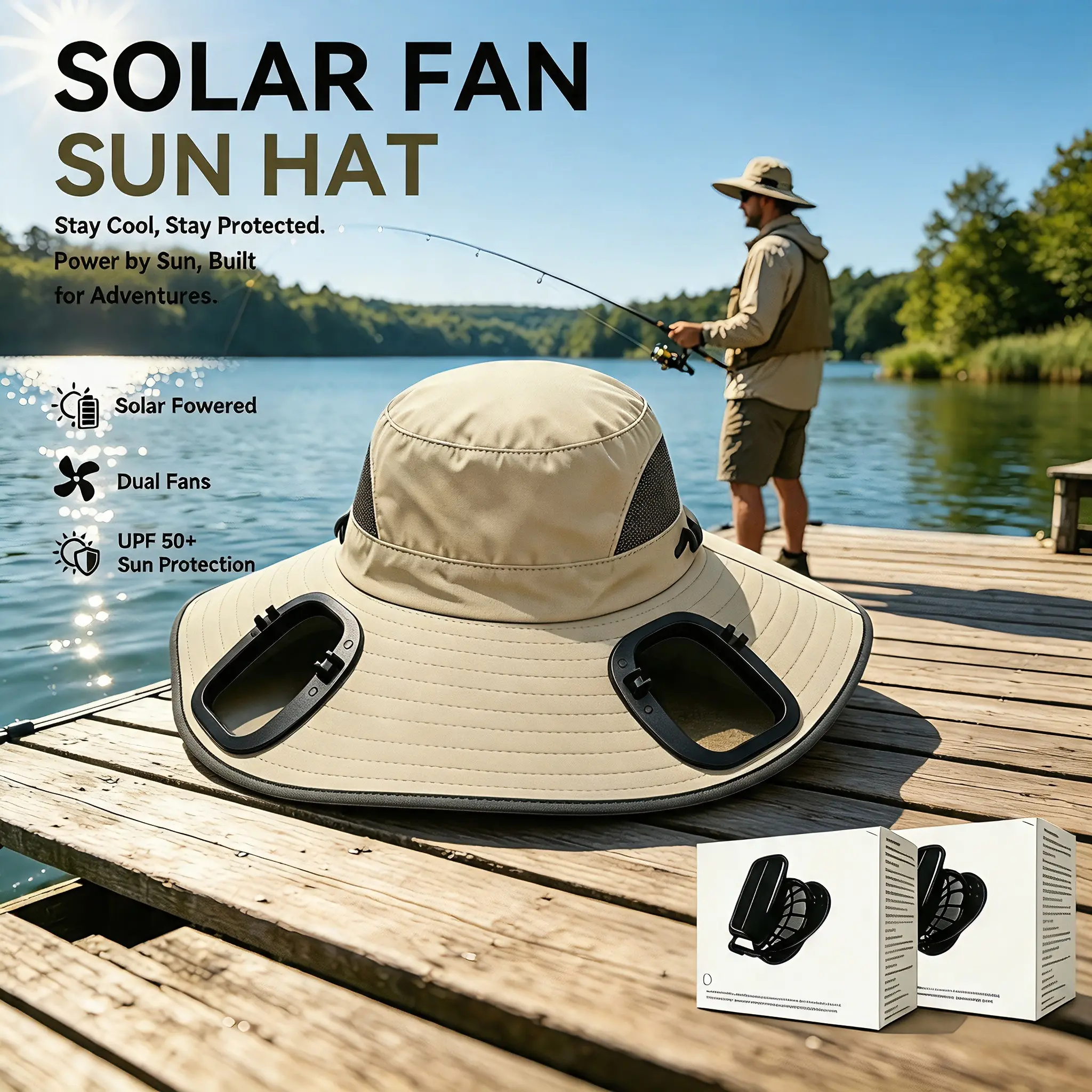 2026 Outdoor Wide Brim Dual Fan Cooling Sun Hat for Men & Women, USB Rechargeable & Solar Powered, UPF 50+ Waterproof Breathable UV Protection Hat for Gardening, Landscaping, Lawn Care, Yard Work, Fishing, Camping, Hiking & Construction
