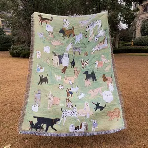 Cartoon Dog Pattern Tassel Throw Blanket, Animal Blankets, Boho Style Washable Soft Blanket, Bedroom Accessories, Bedding Supplies for Home Office Travel Camping