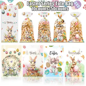 Easter Party Decoration Bags, 10/50 Pack Colorful Flower Rabbit Egg Print Transparent Flat Pouches and Handbags, Holiday Gift Packaging, Clear Gift Bag, Party Favor Packs