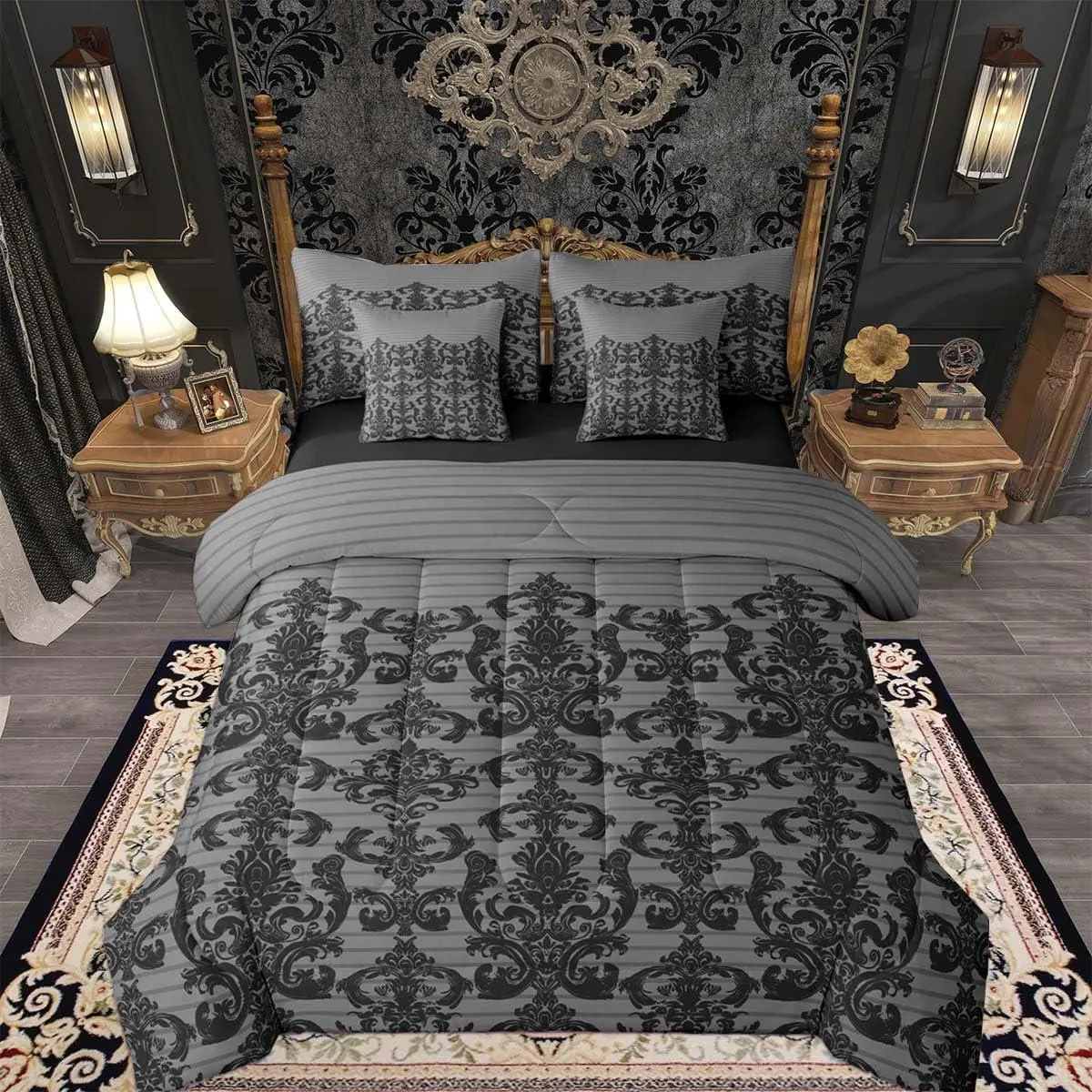 Gothic Black Grey Damask Comforter Set 7 Pieces Antique Victorian Baroque Bedding Set Boys Girls Gothic Damask Floral Bed in a Bag with Comforter,Sheets,Pillowcases,Cushion Covers