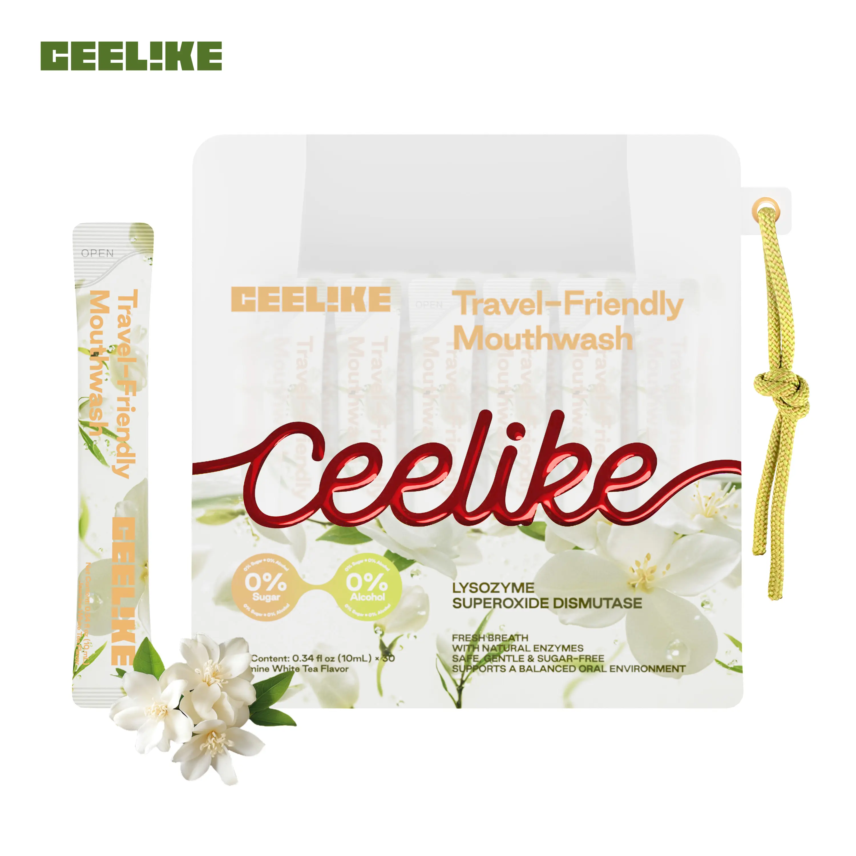 CEELIKE Travel Mouthwash Packets (Jasmine White Tea Flavor) - Powerful Antibacterial, Long-Lasting Freshness, Natural Formula, Convenient Oral Care