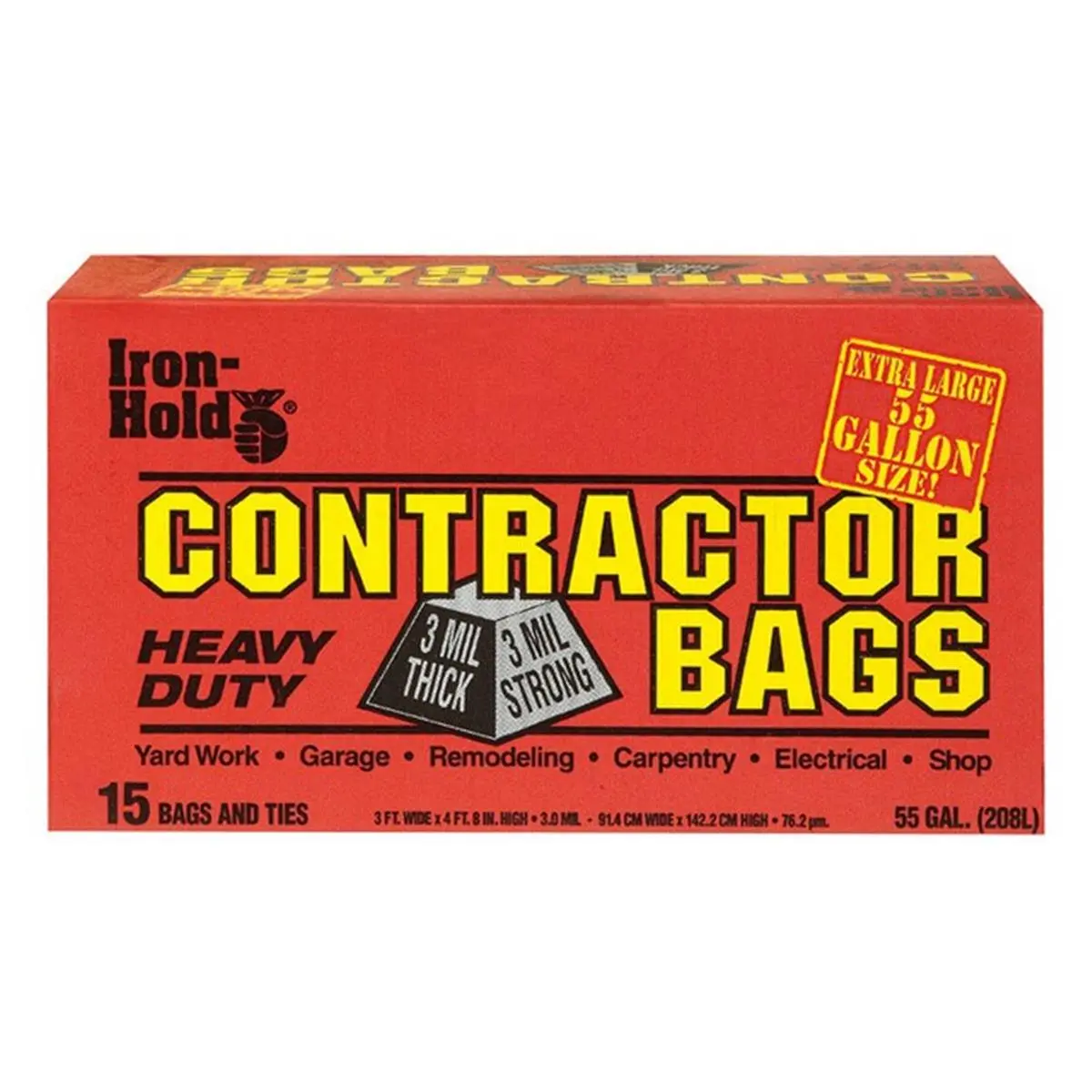 Iron Hold 618939 Thick Strong Plastic 55 gal Contractor Trash Bags with Twist Ties - 15 Count per Pack, 4-Pack Total