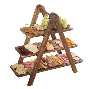 Gibson Home Truss Peak 3 Tier Serving Tray for Party, 18" Acacia Wood Cupcake/Charcuterie/ Dessert Farmhouse Tiered Platters with Collapsible Wood Rack