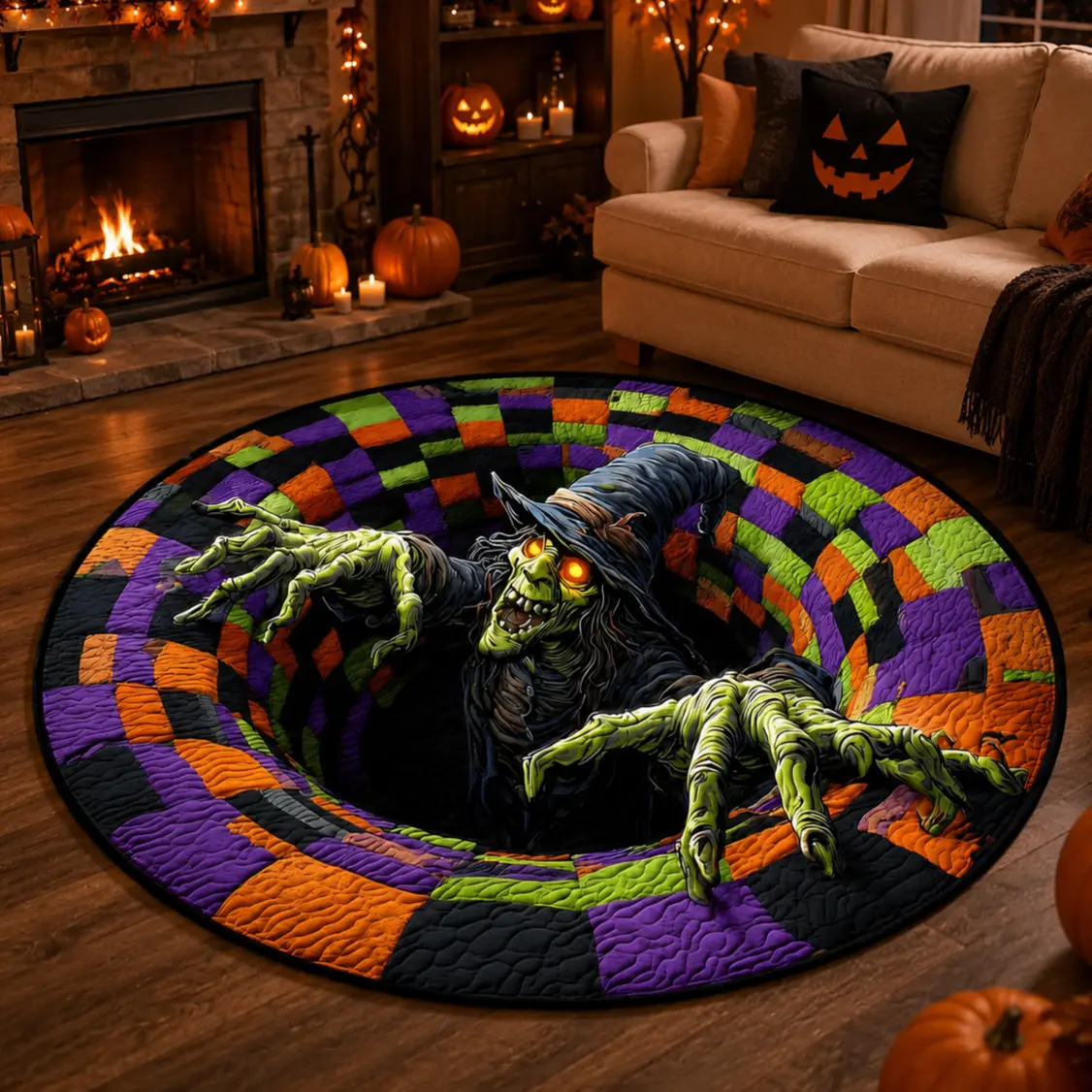 3D Witch Halloween Round Rug, Creepy Witch Vortex Optical Illusion Area Rug, Orange Purple Patchwork Floor Decor for Living Room Bedroom, Spooky Halloween Home Decoration