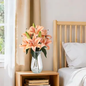 Artificial Tiger Lily Flowers with Vase,Real Touch Easter Lily Faux Flowers for Home Table Centerpieces Wedding Baby Shower Birthday Party Decoration,UV Resistant,3 Stems with 6 Flowers-Lily-champagne