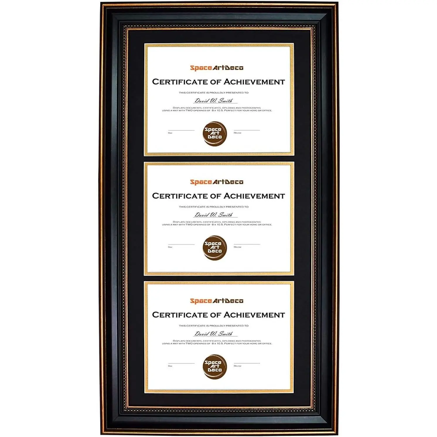 14x29 Diploma Frame Holds 3 8.5x11,Real Glass,Gold/Black Certificate Frame | Includes build-in hangers,black over gold double mats.Wall display.Ornate gold/black design