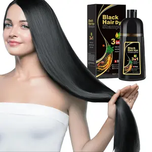 Black Hair Dye Shampoo 3 in 1 Magic Dye with Ginger Herbal Ingredients for Gray Coverage Ginseng Semi-Permanent Cream Natural Haircoloring Plant Care 500ml Low Ammonia Fast Natural Black Hair Color Shampoo