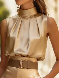 Women's High Neck Sleeveless Top, Spring, Crinkle Design, Solid Color, Non-Elastic Fabric, Lightweight, Basic Minimalist Fashion