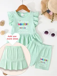 3-piece set 3-7Y girls Summer short skirt set Girls summer shorts set Girls Beach short-sleeved shorts summer outdoor outfit Girls discount clothes Fashionable outfit elastic band skirt hem short-sleeved birthday gift