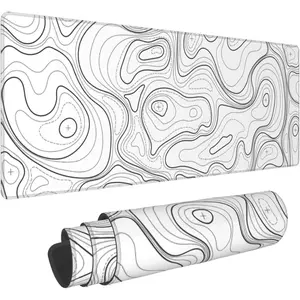 White Topographic Contour XL Gaming  Pad Extended Long Large Mousepad with Stitched Edges Laptop Desk Pad Computer Keyboard PC  Mat Nonslip Rubber Base for Company Office Gamer