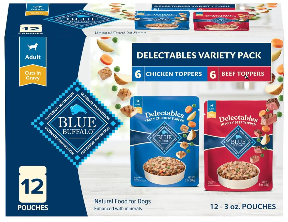 Blue Buffalo Delectables Natural Wet Dog Food Toppers Variety Pack, Tasty Chicken & Hearty Beef, Cuts in Gravy, 3-oz. (12 Pouches, 6 of Each Flavor)