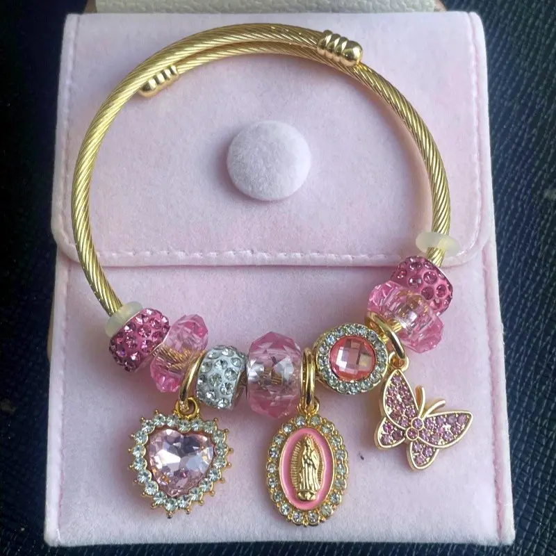 Pink Heart Butterfly Virgin Mary Bracelet - Elegant Design with Butterfly Motif & Heart Accents, Perfect for Birthdays, Bangle for Women