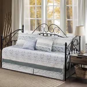 6 Piece Reversible Microfiber Bohemian Printed Daybed Cover Set, All Season Luxury Bedding with Bedskirt, Matching Shams, Decorative Pillow, 75"x39", Floral Stripes
