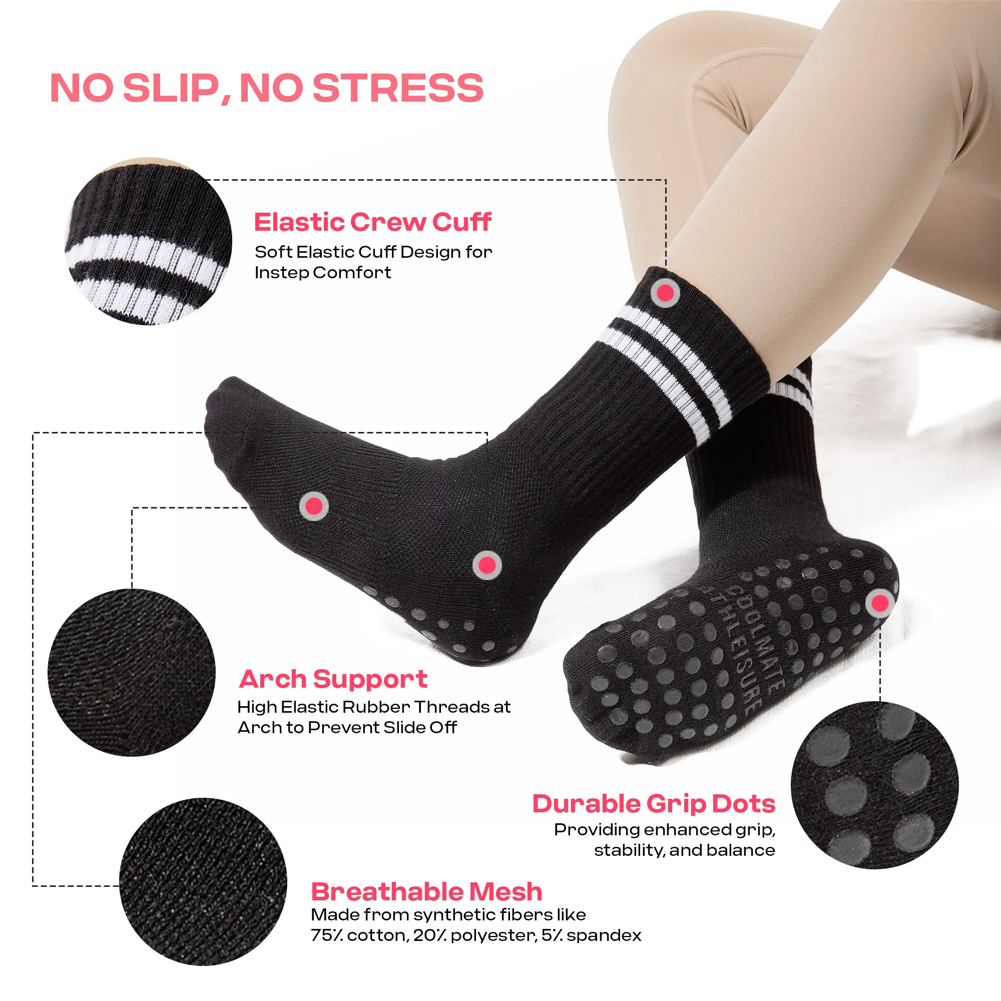 2 Pairs Crew Black CoolMate Pilates Socks with Grips for Women, Yoga Socks, Crew Non Slip Women for Barre, Pilates Gifts