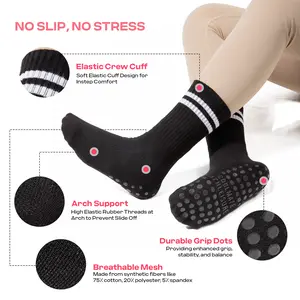 2 Pairs Crew Black CoolMate Pilates Socks with Grips for Women, Yoga Socks, Crew Non Slip Women for Barre, Pilates Gifts