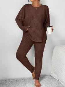 【Plus Size】 Solid Textured Drop Shoulder Loungewear Set, Casual Comfy Long Sleeve Pullover & Pants Two-piece Set, Women's Sleepwear for All Seasons