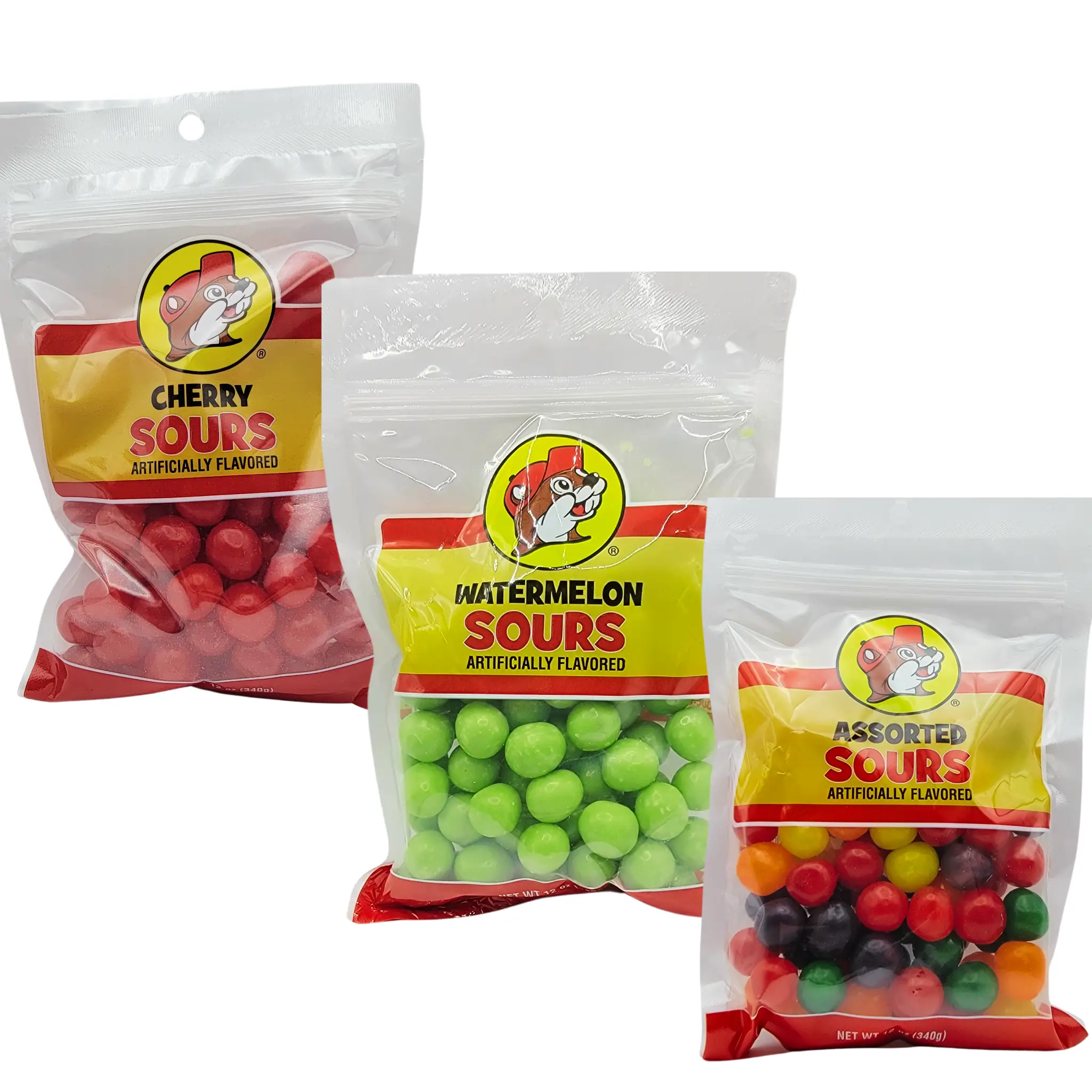 Buc-ee's Sweet and Sour Hard Ball Candy Snacks - 12oz Snack bags bursting with Fruity Assorted, Watermelon and Cherry Flavors candy pack super sour ca