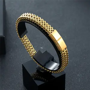 8MM 18K Gold Plated Cool Double Curb Chain Bracelets for Men Stainless Steel Punk Square Magnet Clasp Male Pulseira