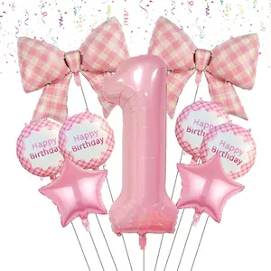 9 PCS Pink Plaid Bow Balloons & Number Foil Set for 1st Birthday Party Decorations & Supplies