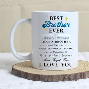 Best Brother Ever 11oz Ceramic Mug - Heartfelt Inspirational Quote Coffee Cup with Blue & Black Text & Yellow Stars - White Brother Gift for Birthday, Anniversary, Valentine's Day - Durable Ceramic for Hot Drinks, Brothers Coffee Mug, Highquality Finish