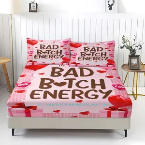 3pcs Bad B*Tch Energy Valentine’S Day Fitted Sheet Set, Trendy Pink Aesthetic Bedding Set With Heart Graphic Print, Soft Microfiber Bedspread, Stylish Bedroom Decor, Gift For Her,1 Bed Sheet And 2 Coreless Pillowcases