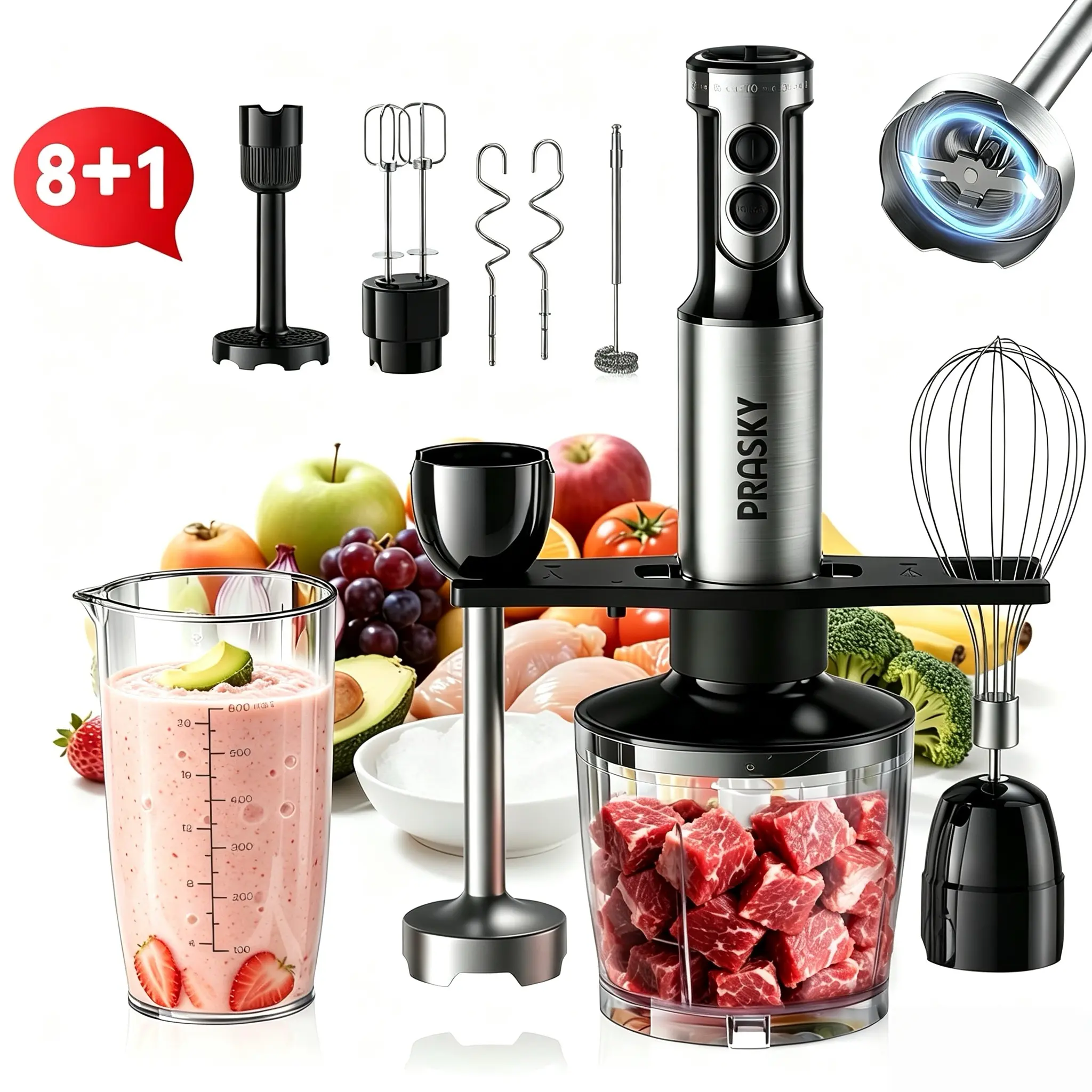 PRASKY 9-in-1 Hand Blender 1000W | Ice Crusher, Smoothie Maker, Egg Beater, Milk Frother & Chopper | 20-Speed Immersion Stick Mixer with Cup & Bowl | BPA-Free, Stainless Steel Blade  #dealsforyoudays