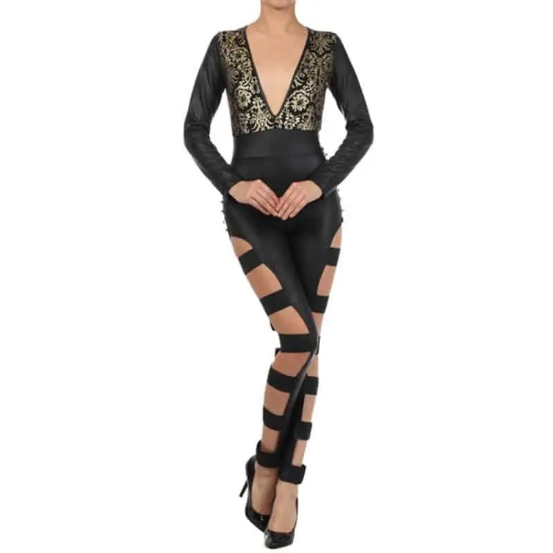Diva Metallic Gold Details jumpsuit catsuit Bodysuit Womenswear Women Comfort Lady Long Sleeve Sexy