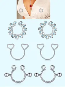 6Pcs Sexy Vintage Fake Nipple Ring Heart CZ Nipple Ring Non Piercing Fake Piercing For Women Fashion Body Jewelry Cute Deor, Daily Wear Non Piercing Fake Nipple Rings Valentine Gift For Lover