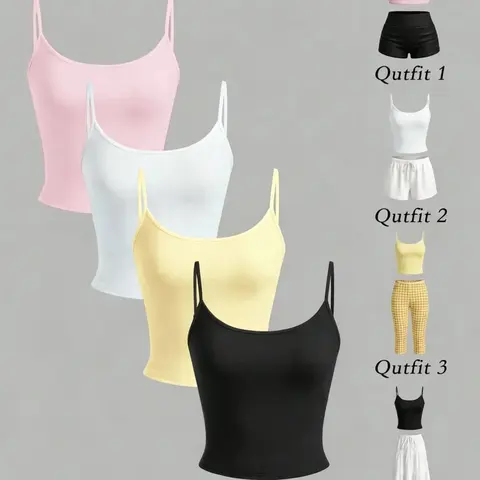 Set of 4 Women's Underwear Solid-Color Summer Cropped Sleeveless Cami Tops, Y2K Slim-Fit Spaghetti-Strap Camis, Fashionable, Casual and Comfortable, Casual Comfy Camisole
