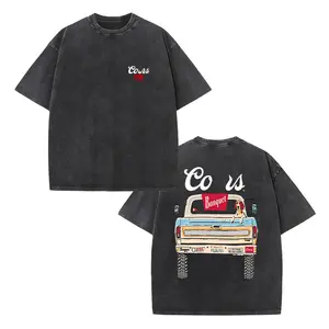Washed Black Statement Streetwear T-Shirt | Minimal "Coors" Logo Front & Full-Back Vintage Truck Design, Oversized Crewneck, Unisex, All-Match for Urban & Casual Style