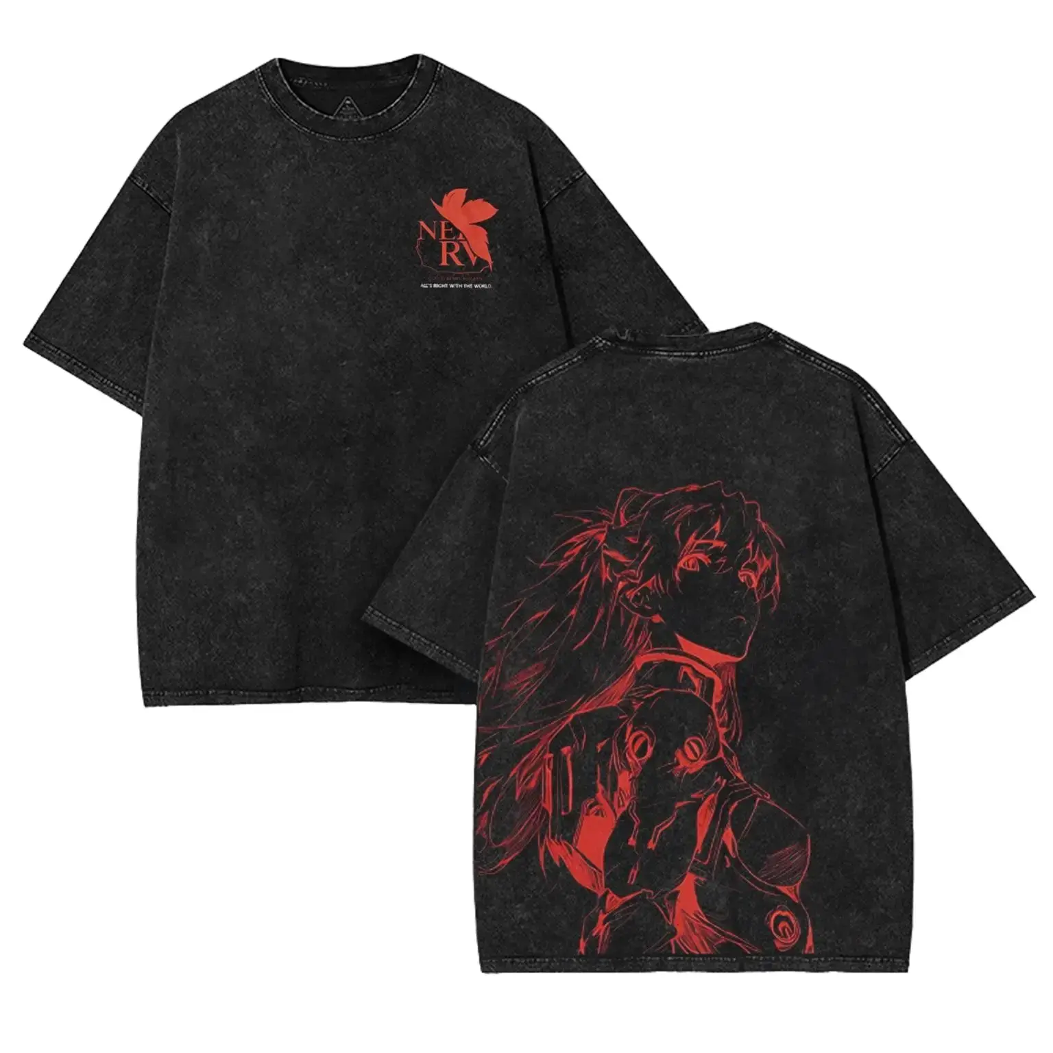 Asuka Evangelion Anime Washed Tshirt 2 Sided Cotton Unisex Graphic Japanese Manga Merch Menswear Tee Retro Black Vintage Streetwear