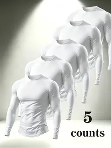 Men's 5-Pack Solid Fitted Long Sleeve T-Shirts, High-Elastic Quick-Dry Fitness Compression Tops, Spring Fall Running Training Set