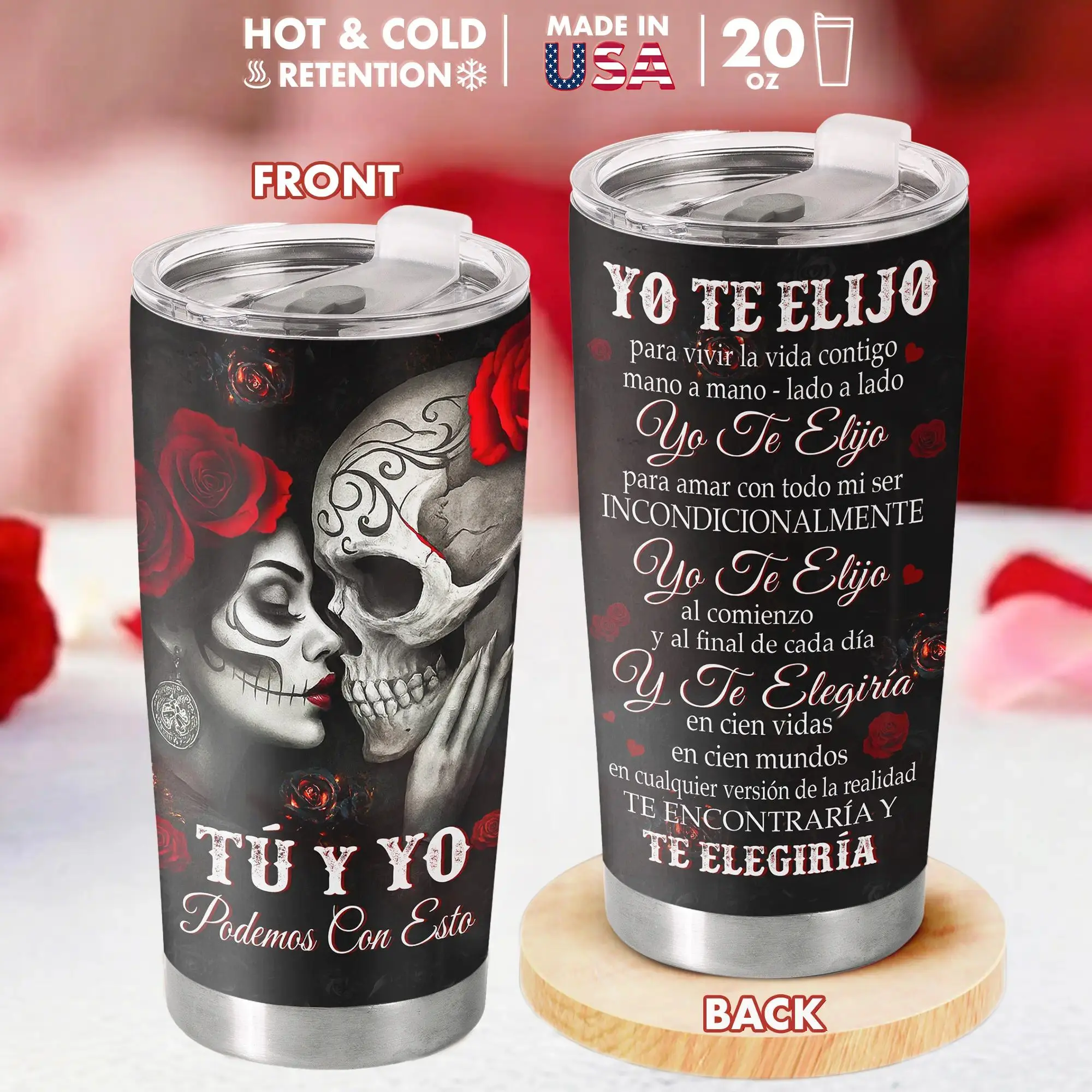 SMS 20 oz Insulated Tumblers - "Pareja Calavera" Gothic Matching Couple Drinkware, Unique Anniversary Valentine’s Day Gift for Spouse or Partner
