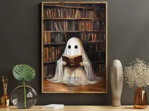 Ghost in Library Canvas Print, Reading Ghost Poster, Mysterious Ghost Wall Art