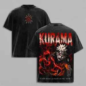 Kurama anime Sharingan Tee Washed – Vintage Washed Naruto Inspired Anime Graphic T-Shirt , Nine-Tails Fox Fan Art Design, Oversized Soft Cotton Unisex Streetwear, Casual Anime Apparel