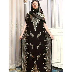 Middle Eastern Muslim Long Kafetan Dress with Tassel Headscarf Combination, Elegant Round Neck Bat Sleeve Hot Stamping Dress, Women's Loose Shawl Blouse