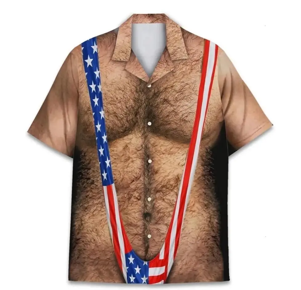 2026 Men's Patriotic American Flag Hawaiian Shirt - Funny Chest Hair Illusion Aloha Shirt for 4th of July USA Party (Sports & Outdoor Clothing, Men's Sports Top)