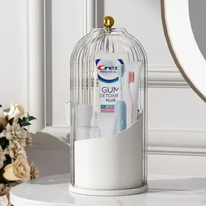 Toothbrush Holder Organizers with Transparent Door Lid, 360 Rotating Makeup for Vanity, Bathroom, Spinning Make up Container Brush Holder（1 count）